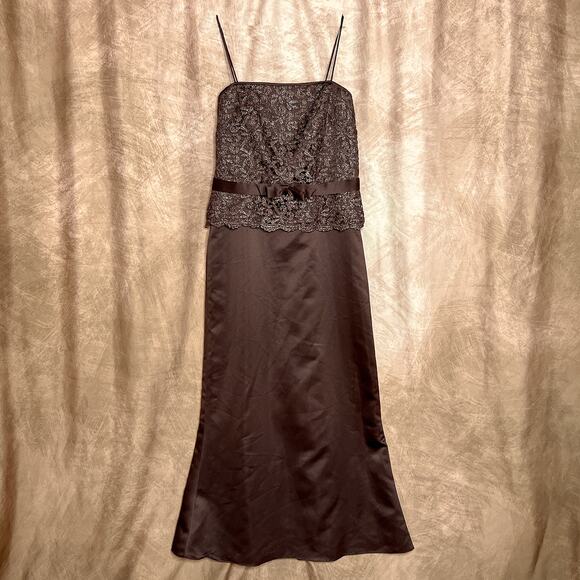 Vintage 90s Cachet Lace Bodice Formal Maxi Dress Brown Sleeveless Metallic Fairy - Picture 1 of 5